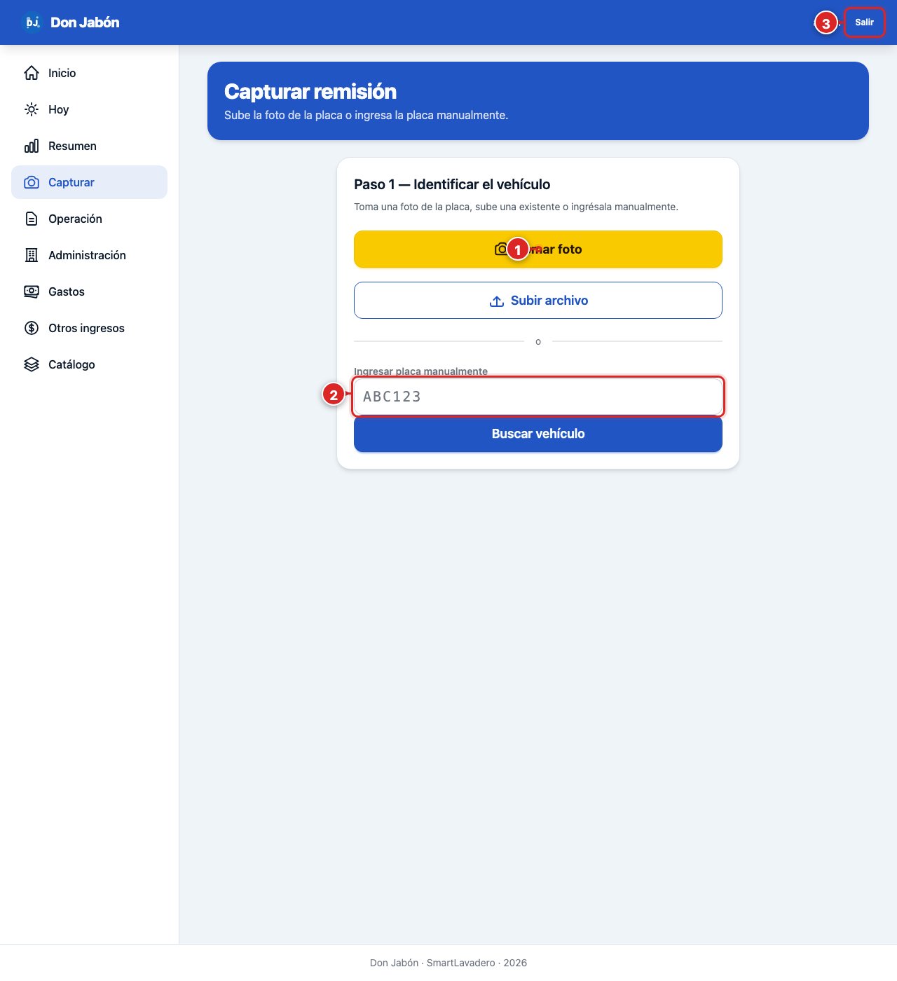 Pantalla de Capturar en SmartLavadero, con marcadores rojos numerados
