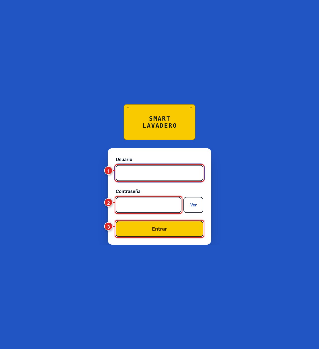 Pantalla de Entrar en SmartLavadero, con marcadores rojos numerados