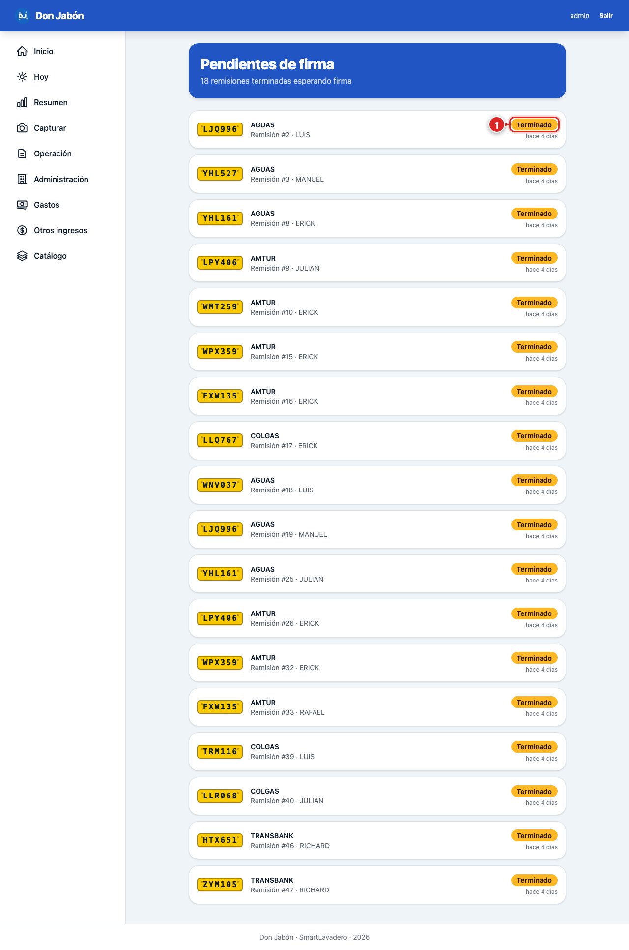 Pantalla de Pendientes de firma en SmartLavadero, con marcadores rojos numerados
